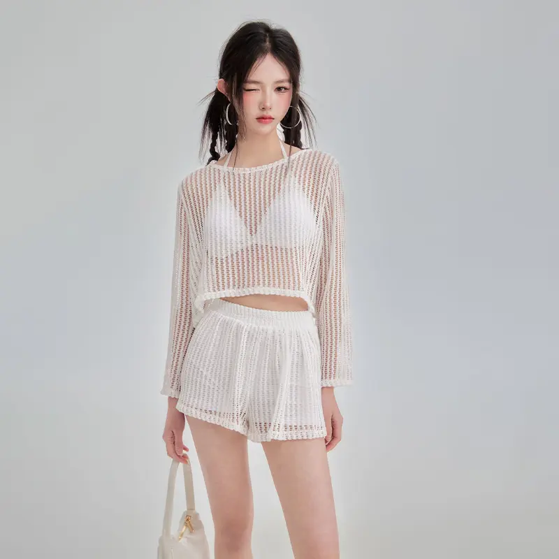 Women's 3pcs Knitted Hollow Blouse Beach Summer Vacation Swimwear Sun Protection Overall