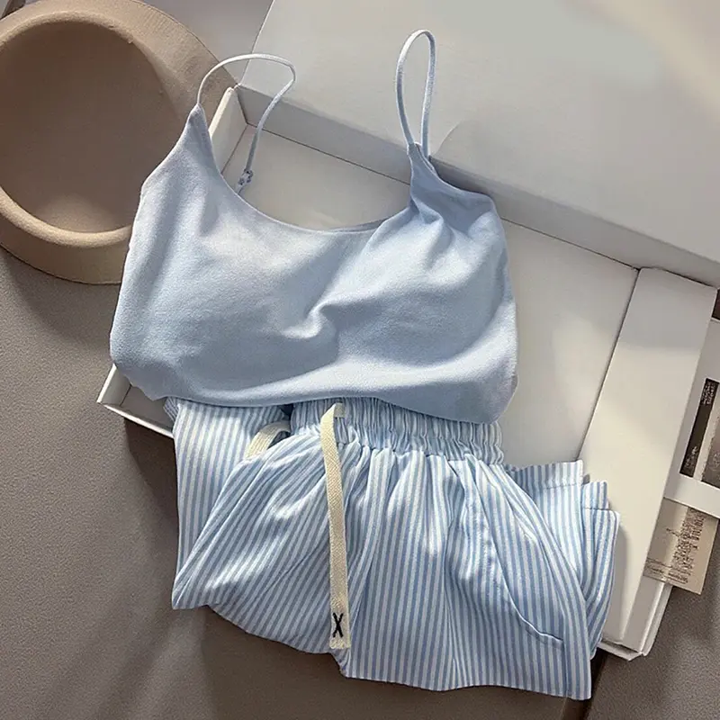 Fashionable And Casual Sweet Blue Striped Home Clothes Vest Shorts Pajamas Set With Chest Pad