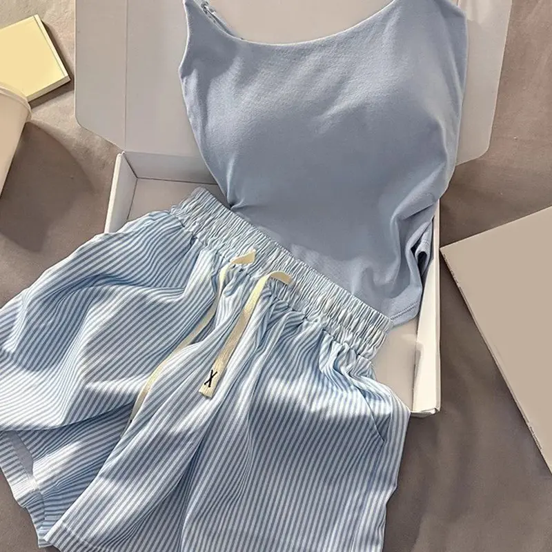 Fashionable And Casual Sweet Blue Striped Home Clothes Vest Shorts Pajamas Set With Chest Pad