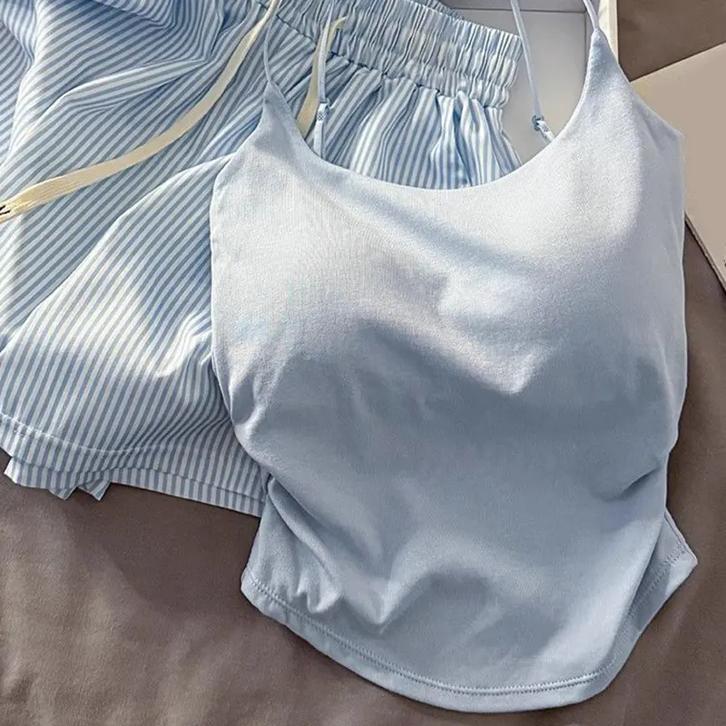 Fashionable And Casual Sweet Blue Striped Home Clothes Vest Shorts Pajamas Set With Chest Pad