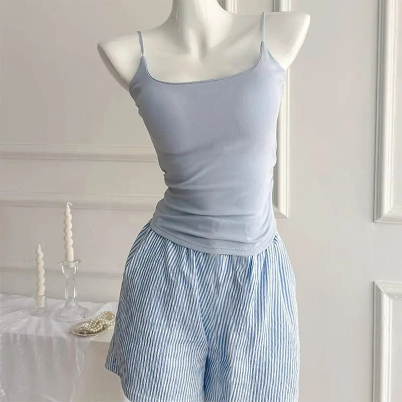 Fashionable And Casual Sweet Blue Striped Home Clothes Vest Shorts Pajamas Set With Chest Pad