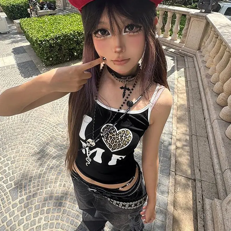 Letter Leopard Sleeveless T-shirt Women Summer Sheath Holiday Y2K Street Sling Top
