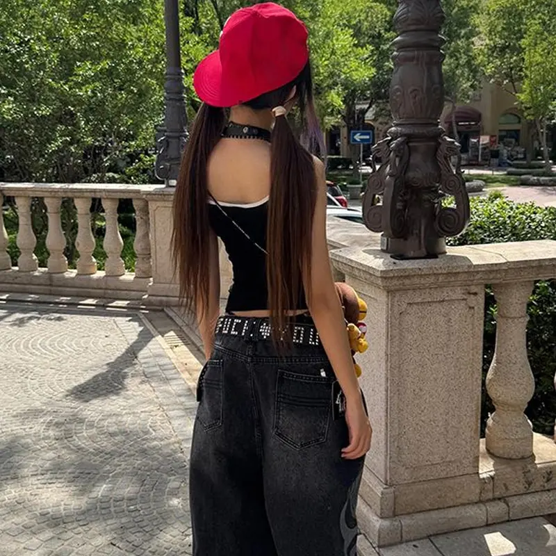 Letter Leopard Sleeveless T-shirt Women Summer Sheath Holiday Y2K Street Sling Top