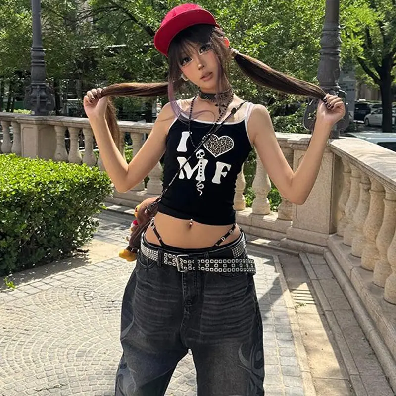 Letter Leopard Sleeveless T-shirt Women Summer Sheath Holiday Y2K Street Sling Top