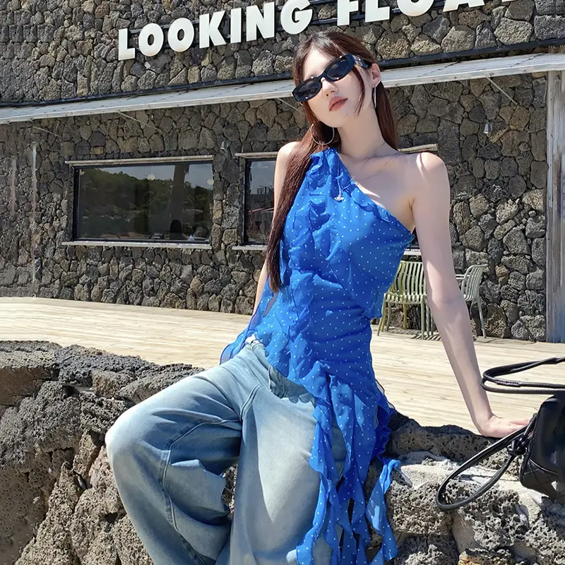 Irregular Blue Polka Dot Camisole Women Summer Ruffled Trim Sleeveless Outerwear Design T-shirt