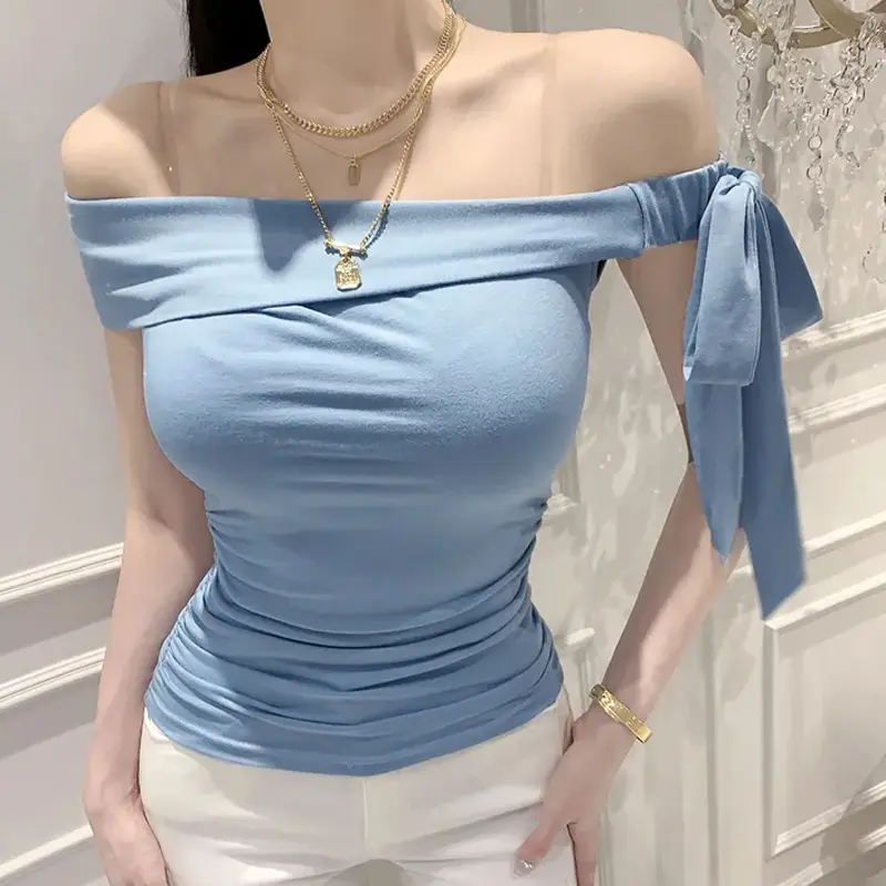 Sexy Off-shoulder Pleated T-shirt Women Summer Sweet Sheath Bow Tie Design Solid Casual Tops
