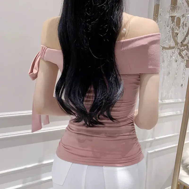 Sexy Off-shoulder Pleated T-shirt Women Summer Sweet Sheath Bow Tie Design Solid Casual Tops
