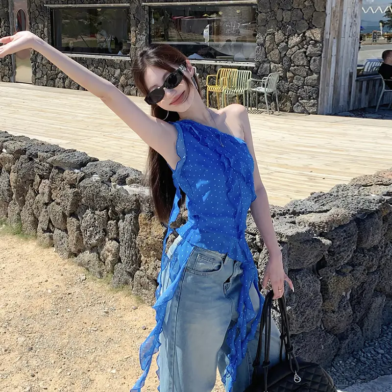 Irregular Blue Polka Dot Camisole Women Summer Ruffled Trim Sleeveless Outerwear Design T-shirt
