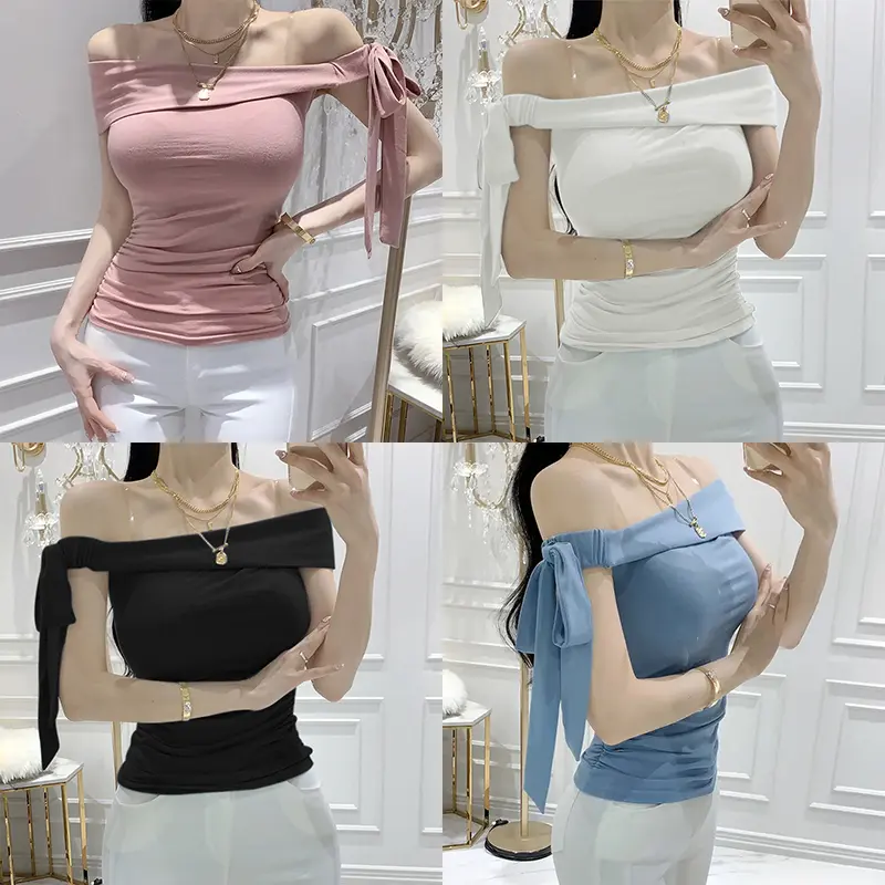 Sexy Off-shoulder Pleated T-shirt Women Summer Sweet Sheath Bow Tie Design Solid Casual Tops