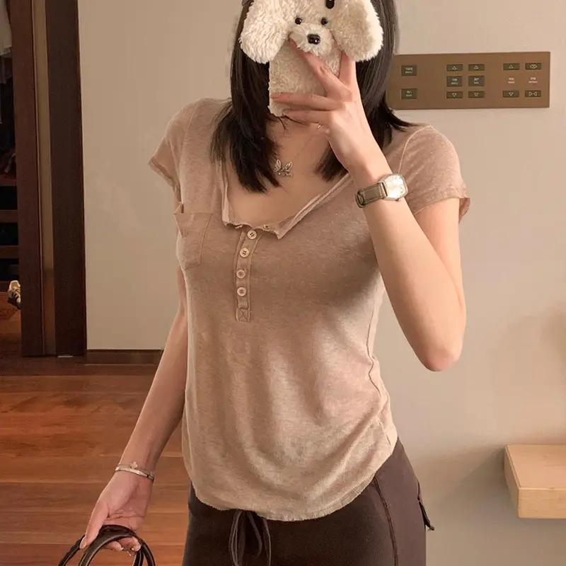 Single Pocket Short Sleeve Front Buttoned Tee Women Summer Comfy Casual Plain T-shirt
