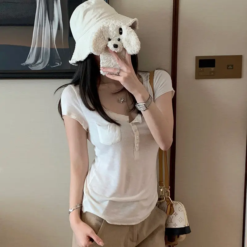 Single Pocket Short Sleeve Front Buttoned Tee Women Summer Comfy Casual Plain T-shirt