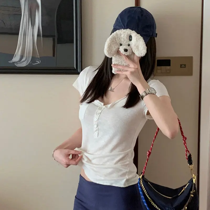 Single Pocket Short Sleeve Front Buttoned Tee Women Summer Comfy Casual Plain T-shirt