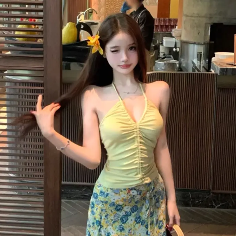 Summer Women's Fashion Y2K Sexy Drawstring Pleats Halter Neck Sleeveless Slim Camisole