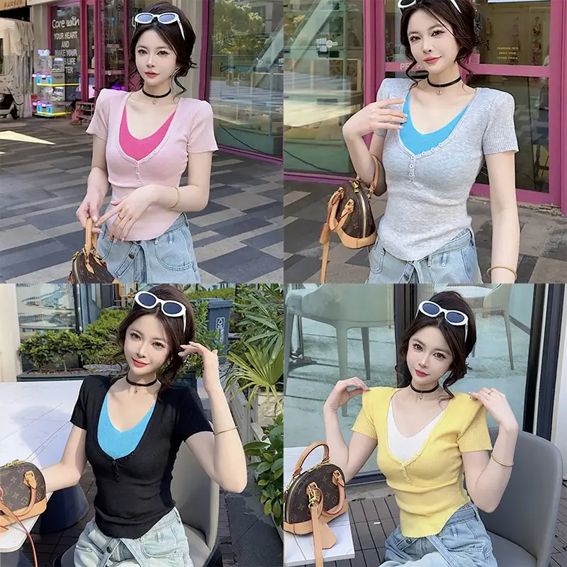 Women Fake Two Pieces Short Sleeve Tees 2025 Summer New Slim Knitted T-shirts Lady Contrast Color Design V Neck Tops