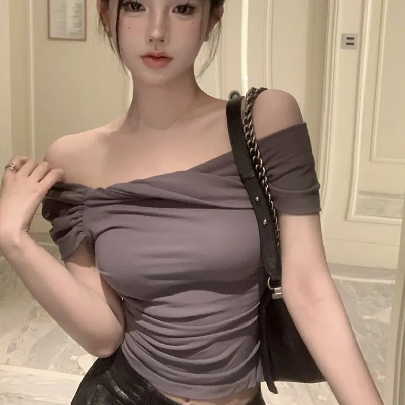 Sexy Slim Fit Off-Shoulder Short Sleeve T-Shirt For Women Summer 2025 New Style Waist-Fitted Cropped Top