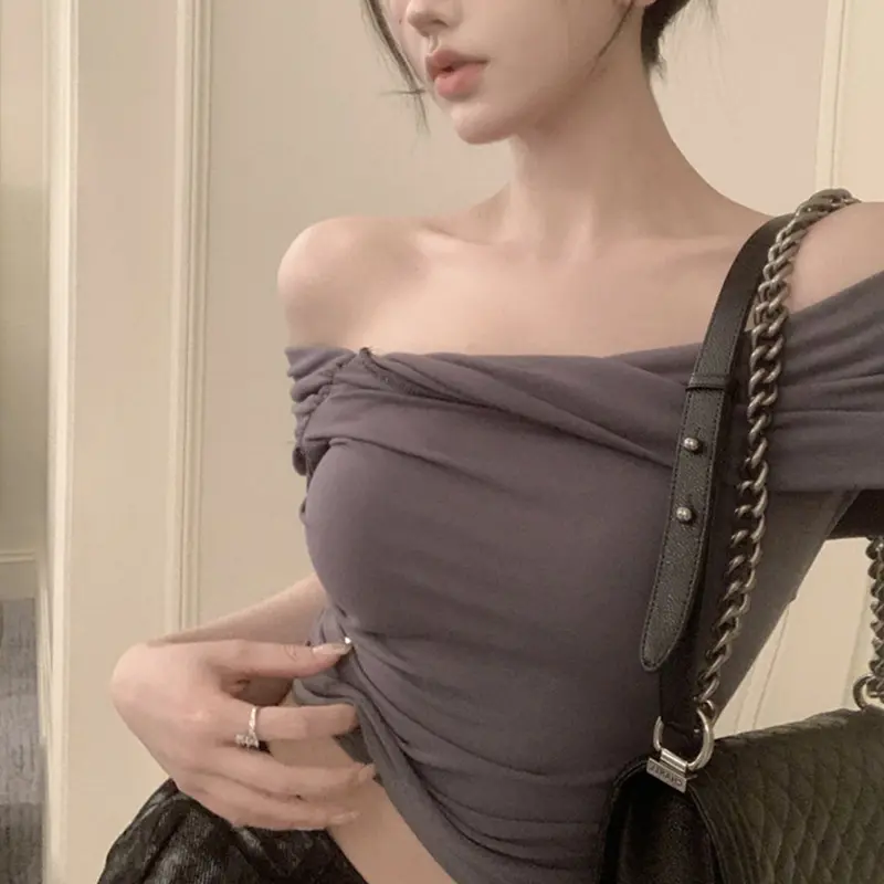 Sexy Slim Fit Off-Shoulder Short Sleeve T-Shirt For Women Summer 2025 New Style Waist-Fitted Cropped Top