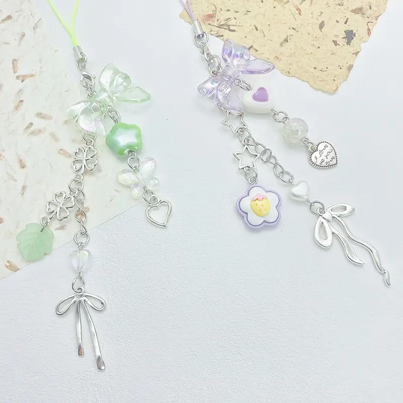 Sweet Cute Bow Flower Beaded Mobile Phone Lanyard Lovely Mobile Phone Chain Earphone Case Charm Backpack Decoration Gifts