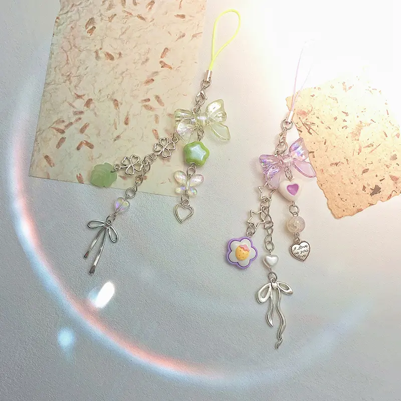 Sweet Cute Bow Flower Beaded Mobile Phone Lanyard Lovely Mobile Phone Chain Earphone Case Charm Backpack Decoration Gifts