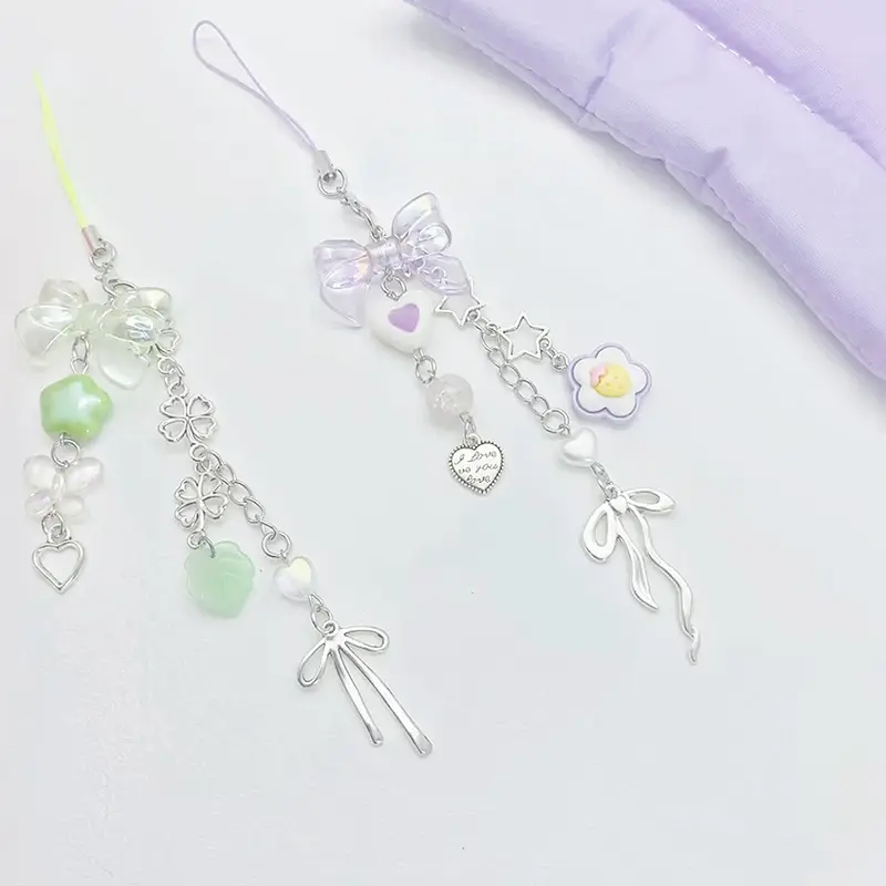 Sweet Cute Bow Flower Beaded Mobile Phone Lanyard Lovely Mobile Phone Chain Earphone Case Charm Backpack Decoration Gifts
