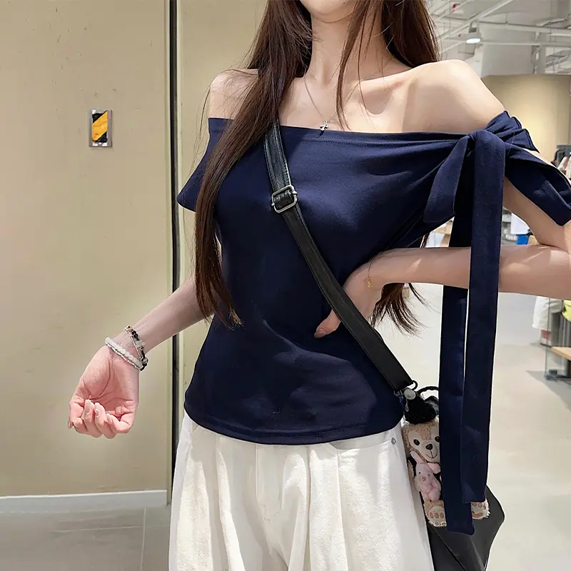 Bandage Short Sleeve T-Shirt Shoulder Bare Spicy Girl Design Mini Size Summer New Style One Word Top Women's Fashion