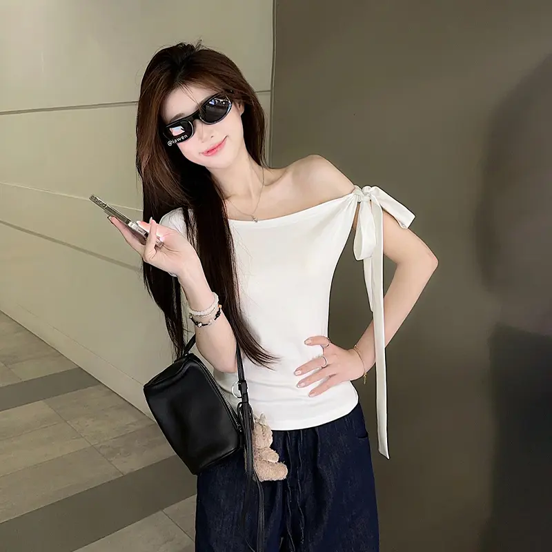 Bandage Short Sleeve T-Shirt Shoulder Bare Spicy Girl Design Mini Size Summer New Style One Word Top Women's Fashion