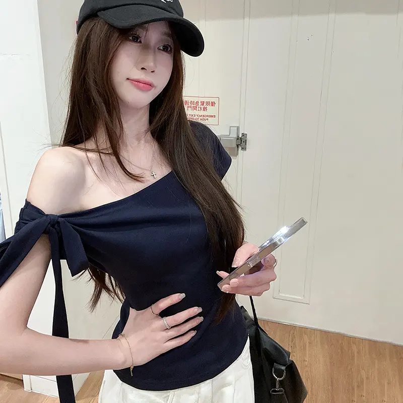 Bandage Short Sleeve T-Shirt Shoulder Bare Spicy Girl Design Mini Size Summer New Style One Word Top Women's Fashion