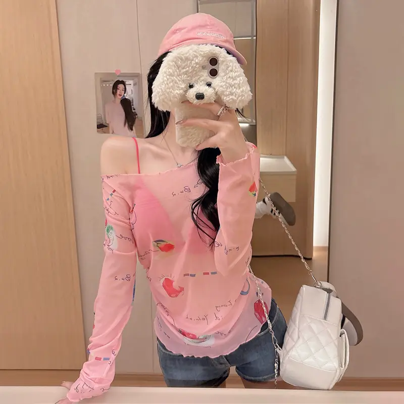 Summer Sexy Dopamine Print Off-shoulder Long Sleeve Casual Thin Sun Protection T-shirt For Women