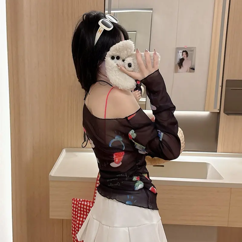 Summer Sexy Dopamine Print Off-shoulder Long Sleeve Casual Thin Sun Protection T-shirt For Women