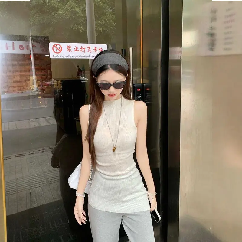 Fashion Irregular Slim Fit Grey Sleeveless Knitted Vest For Women Summer