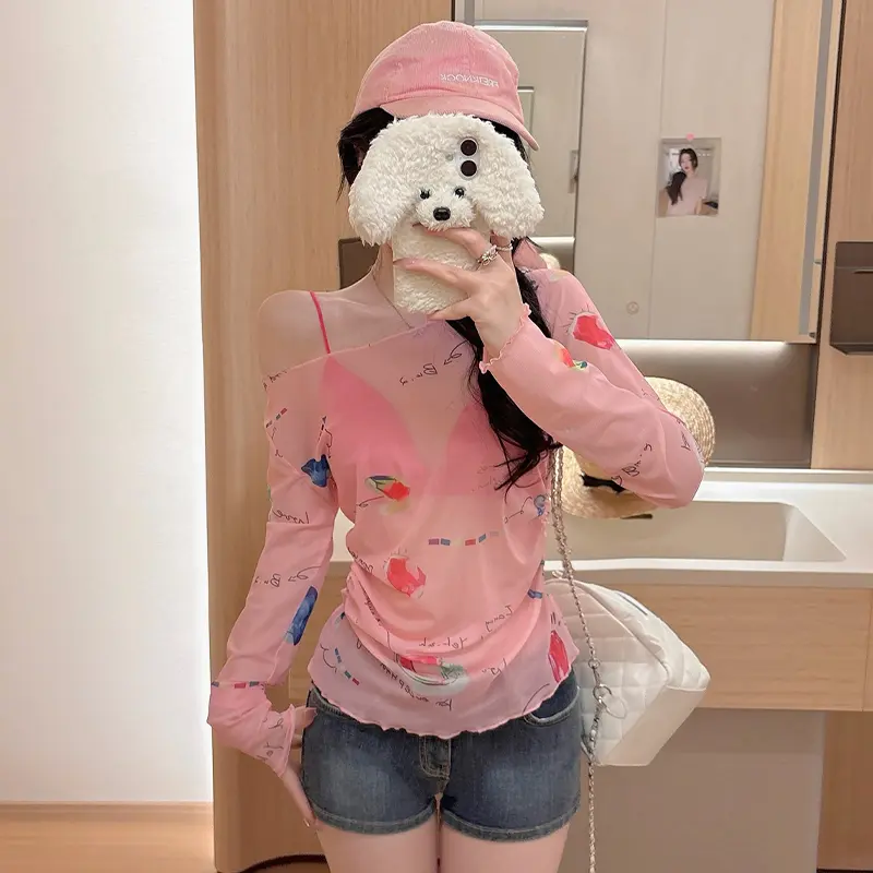 Summer Sexy Dopamine Print Off-shoulder Long Sleeve Casual Thin Sun Protection T-shirt For Women
