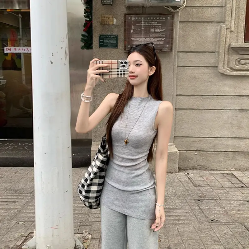 Fashion Irregular Slim Fit Grey Sleeveless Knitted Vest For Women Summer