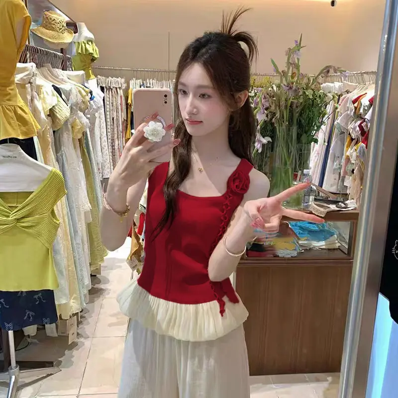 French Style Three-Dimensional Flower Sweet Sleeveless Knitted Vest For Women In Summer