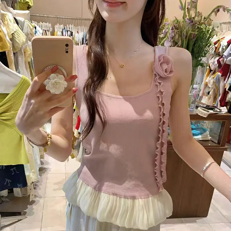 French Style Three-Dimensional Flower Sweet Sleeveless Knitted Vest For Women In Summer