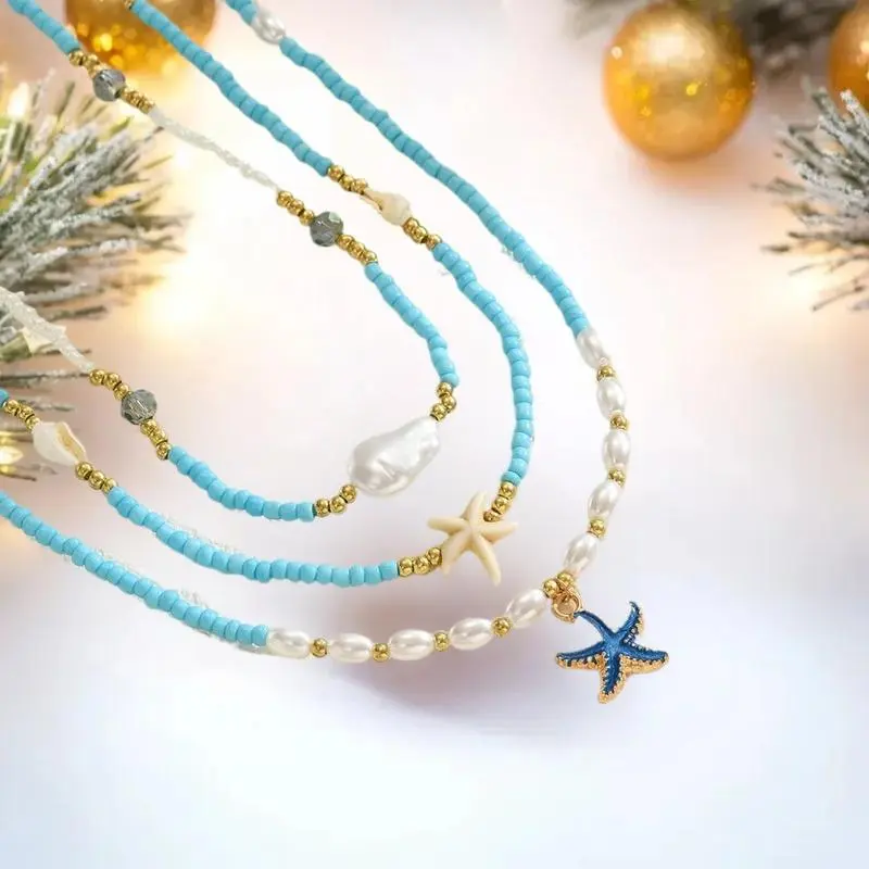 Bohemian Style Multi-Layered Pearl Starfish Necklace Fashionable Imitation Treasure Sea Star Fresh Summer Small Clear Necklace