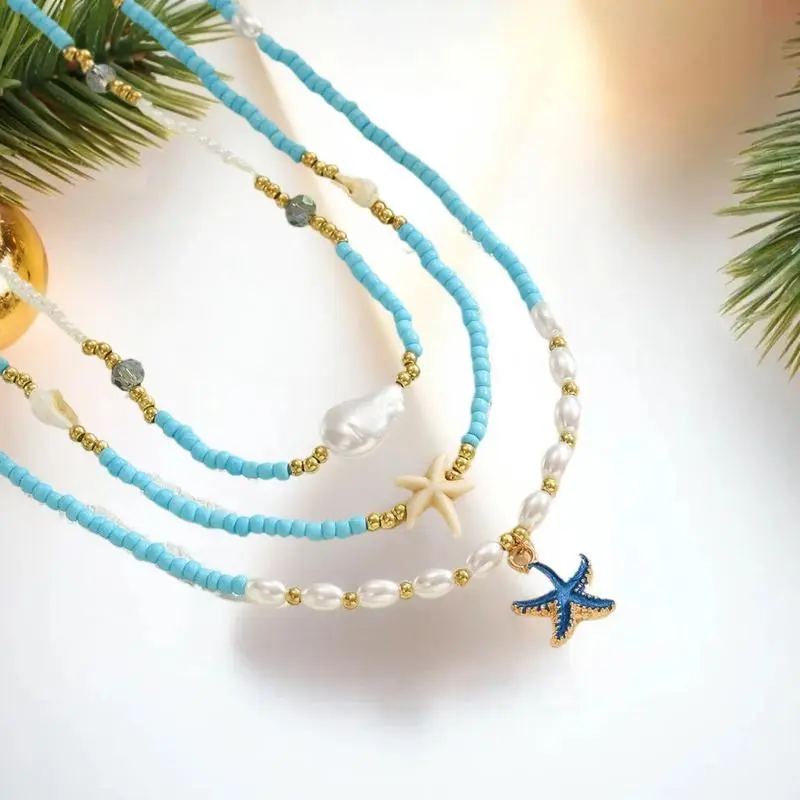 Bohemian Style Multi-Layered Pearl Starfish Necklace Fashionable Imitation Treasure Sea Star Fresh Summer Small Clear Necklace