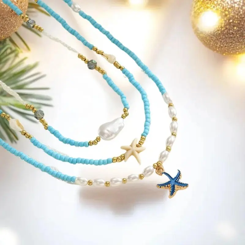 Bohemian Style Multi-Layered Pearl Starfish Necklace Fashionable Imitation Treasure Sea Star Fresh Summer Small Clear Necklace