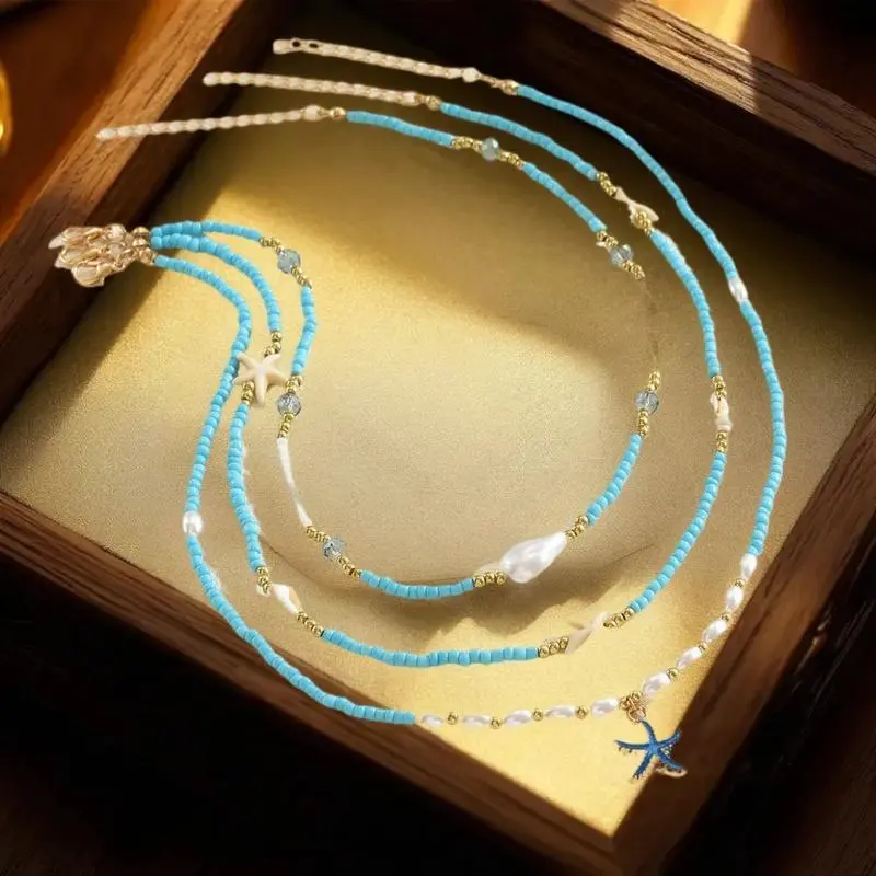 Bohemian Style Multi-Layered Pearl Starfish Necklace Fashionable Imitation Treasure Sea Star Fresh Summer Small Clear Necklace