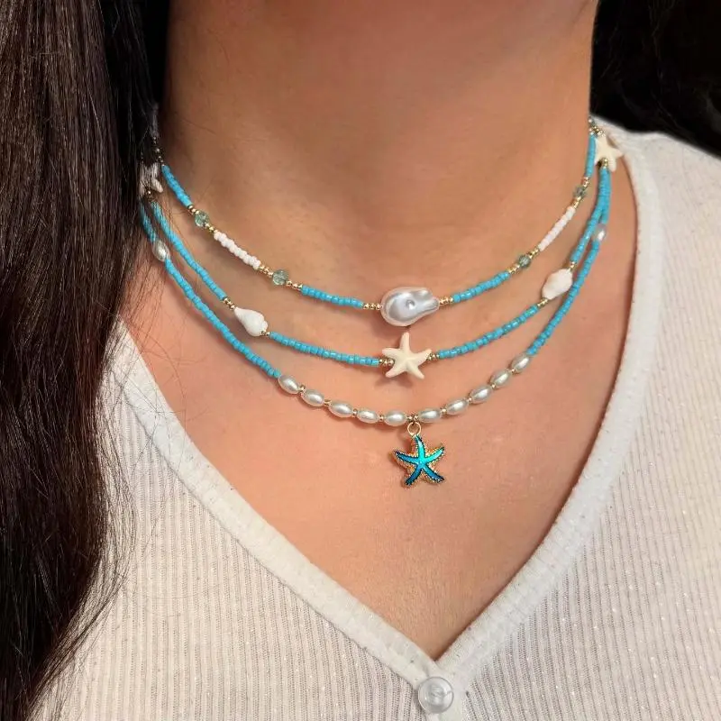 Bohemian Style Multi-Layered Pearl Starfish Necklace Fashionable Imitation Treasure Sea Star Fresh Summer Small Clear Necklace