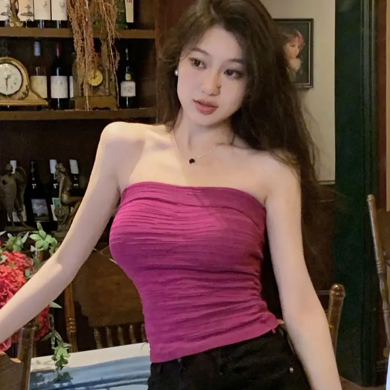 Summer Solid Color One-Shoulder Fashionable Slim Elastic Tube Top Vest For Women
