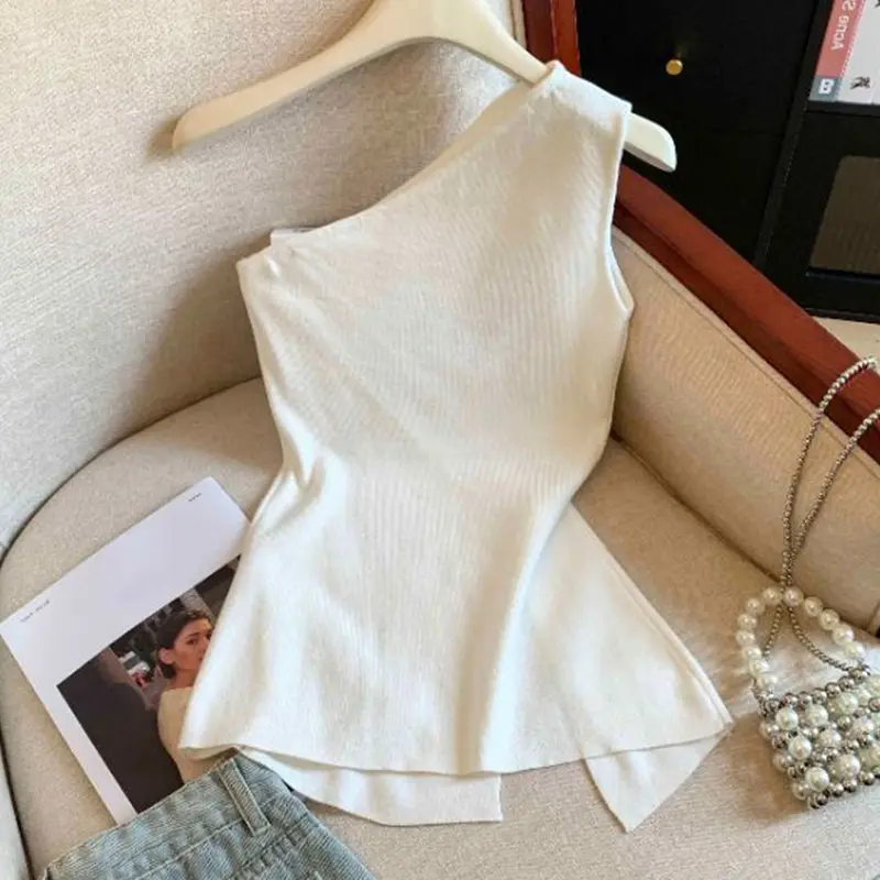 French Style White Off-Shoulder Slim Sleeveless Sweater For Women In Summer