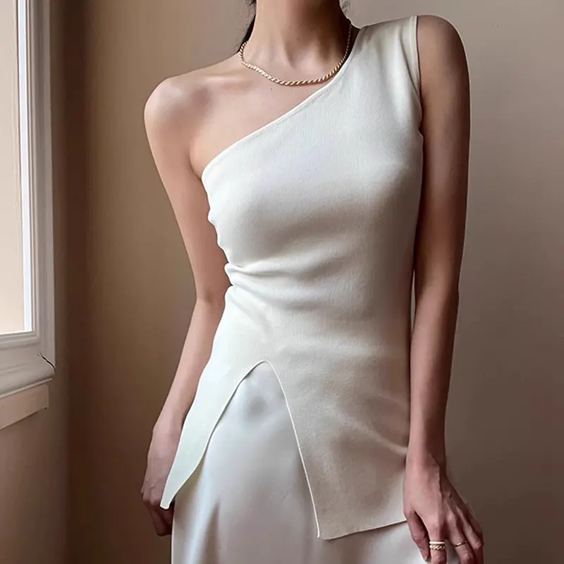 French Style White Off-Shoulder Slim Sleeveless Sweater For Women In Summer