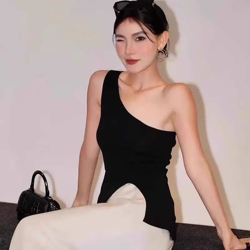 French Style White Off-Shoulder Slim Sleeveless Sweater For Women In Summer
