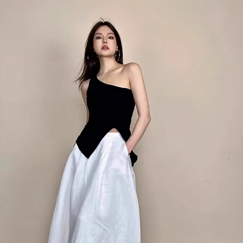 French Style White Off-Shoulder Slim Sleeveless Sweater For Women In Summer