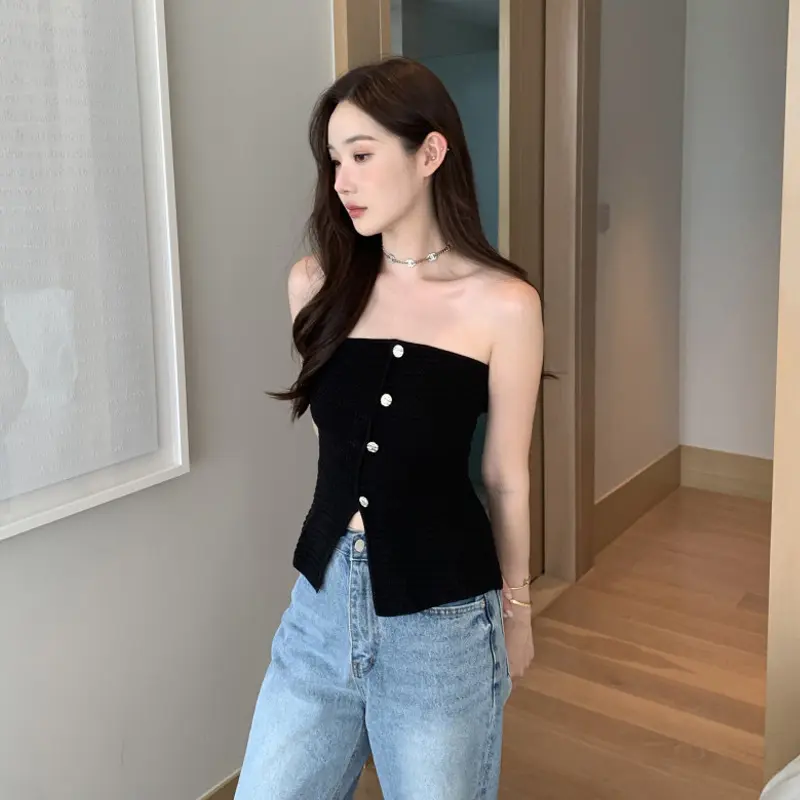Fashion Slim Fit Elegant Hottie Slit Tube Top Knitted Vest Top For Women