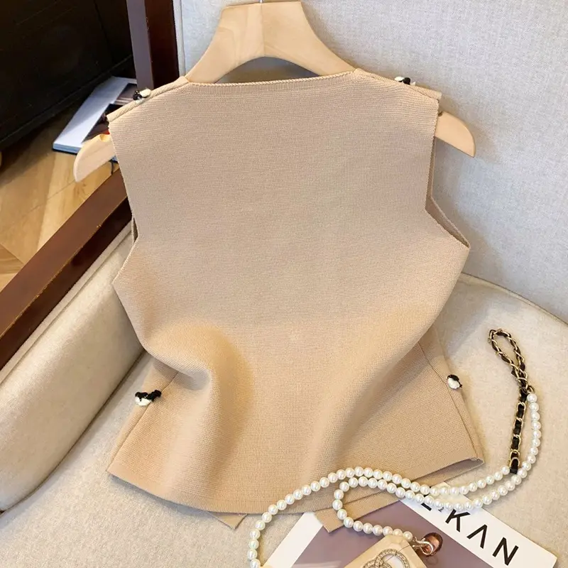 Fashionable Korean Style Women's V-Neck Vest New Style Polyester Fiber Mixed Fabric Small Fragrance Style Top