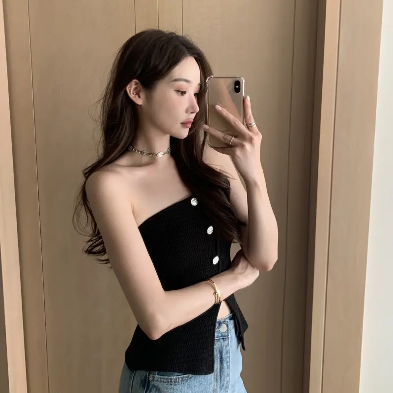 Fashion Slim Fit Elegant Hottie Slit Tube Top Knitted Vest Top For Women