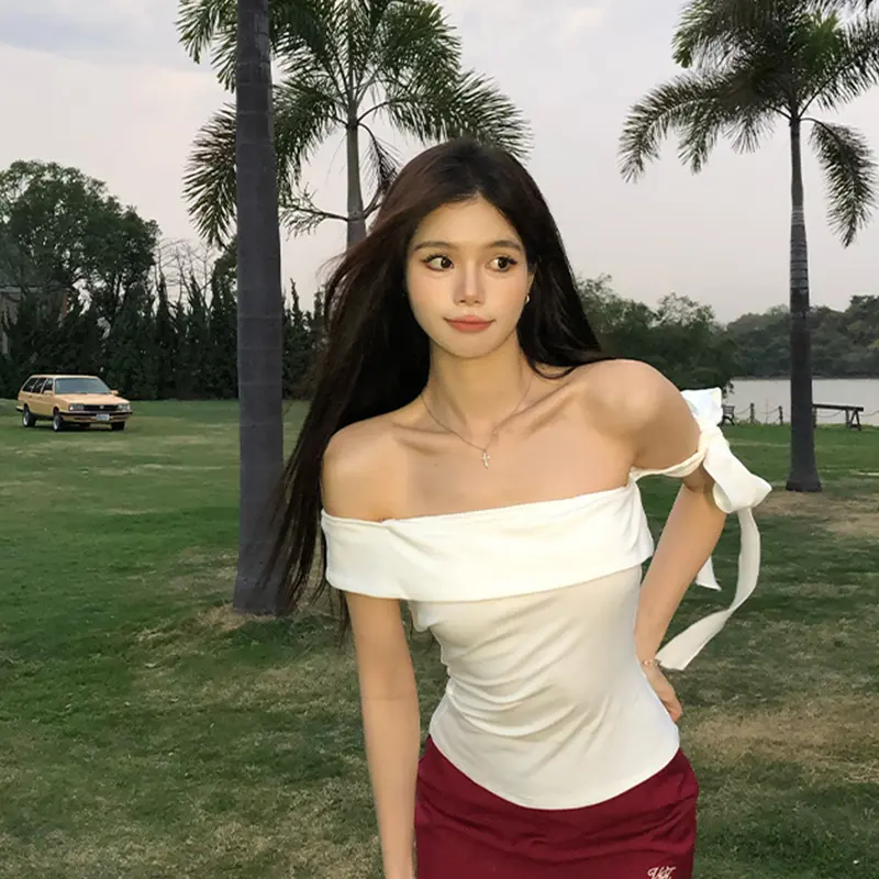 Women Pure Desire T-shirt Sexy Oblique Shoulder Korean Version Summer Daily Top