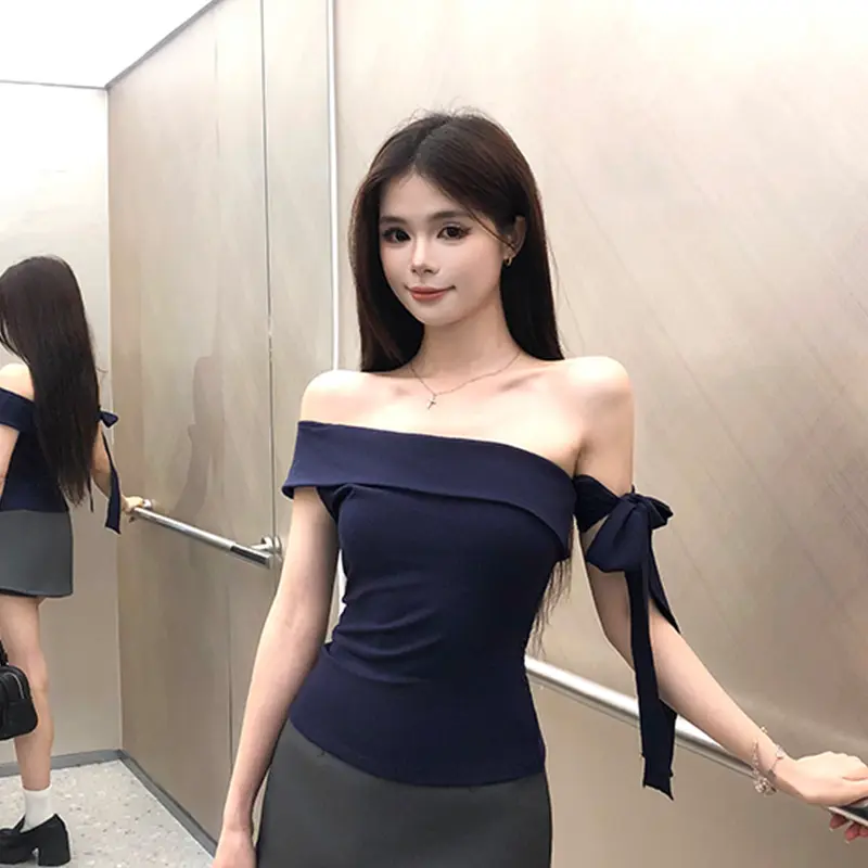 Women Pure Desire T-shirt Sexy Oblique Shoulder Korean Version Summer Daily Top