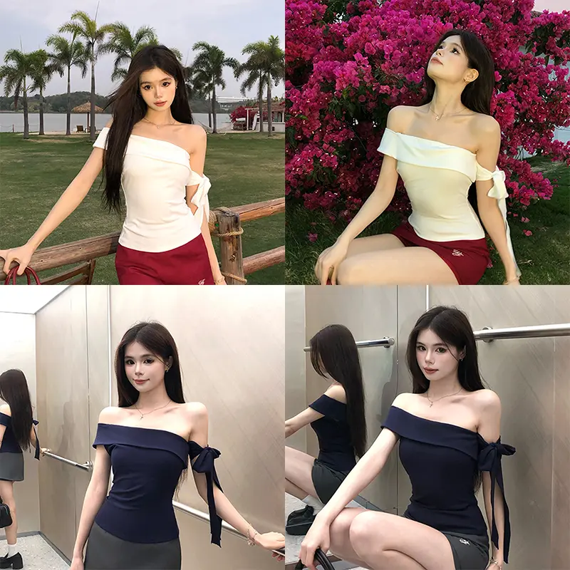 Women Pure Desire T-shirt Sexy Oblique Shoulder Korean Version Summer Daily Top