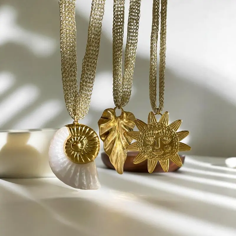 1/2/3Pcs Contemporary Stainless Steel White Resin Conch Leaf Sun Pendant Necklace; Women's Chic Knitted Mesh Belt Chain.